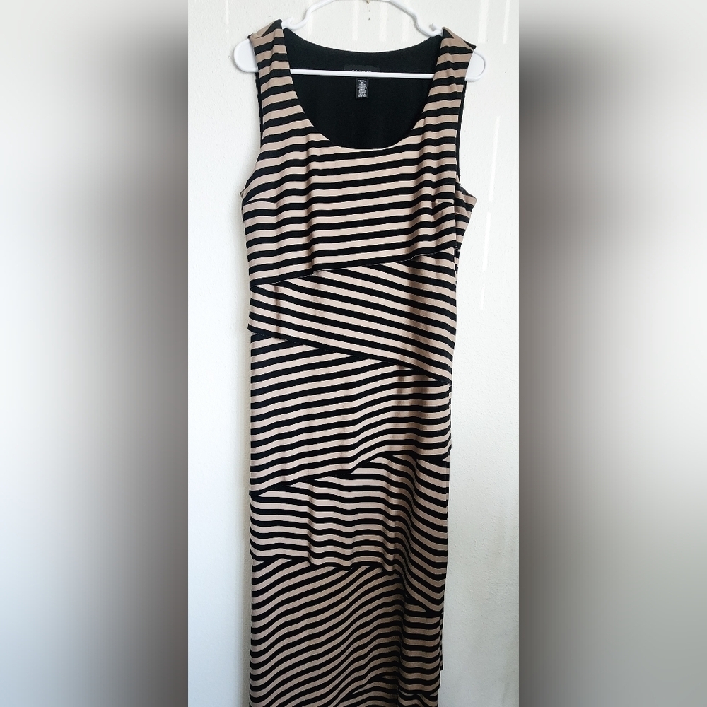R&M Richards Sleeveless Maxi Black & Tan Stripe Layered Line Dress. Sz XL